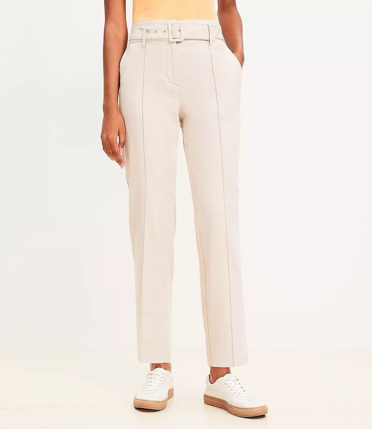 Pintucked Belted Slim Pants in Twill | LOFT