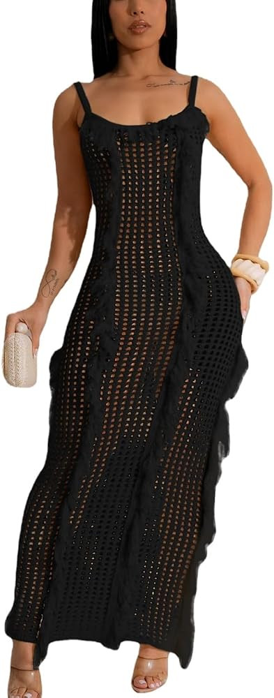 Crochet Knitted Beach Skirt Sleeveless Knitted Suspended Tassel Open Back Dress | Amazon (US)