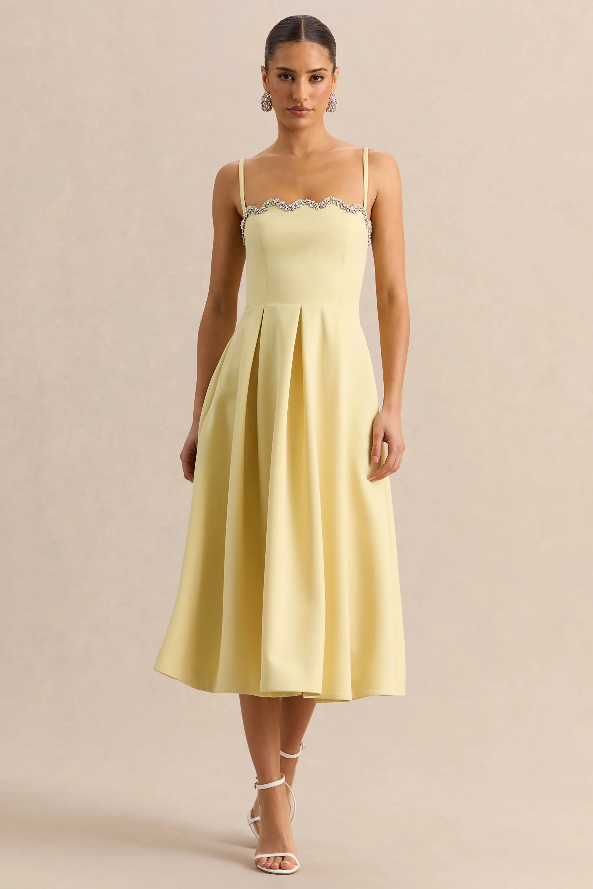 Evoria | Lemon Scalloped Square-Neck Midi Dress | Club L London