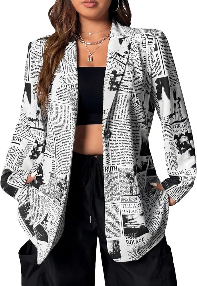 WDIRARA Women's Wrap Newspaper Print Lapel Neck Long Sleeve Casual Blazer Jacket Outerwear | Amazon (US)