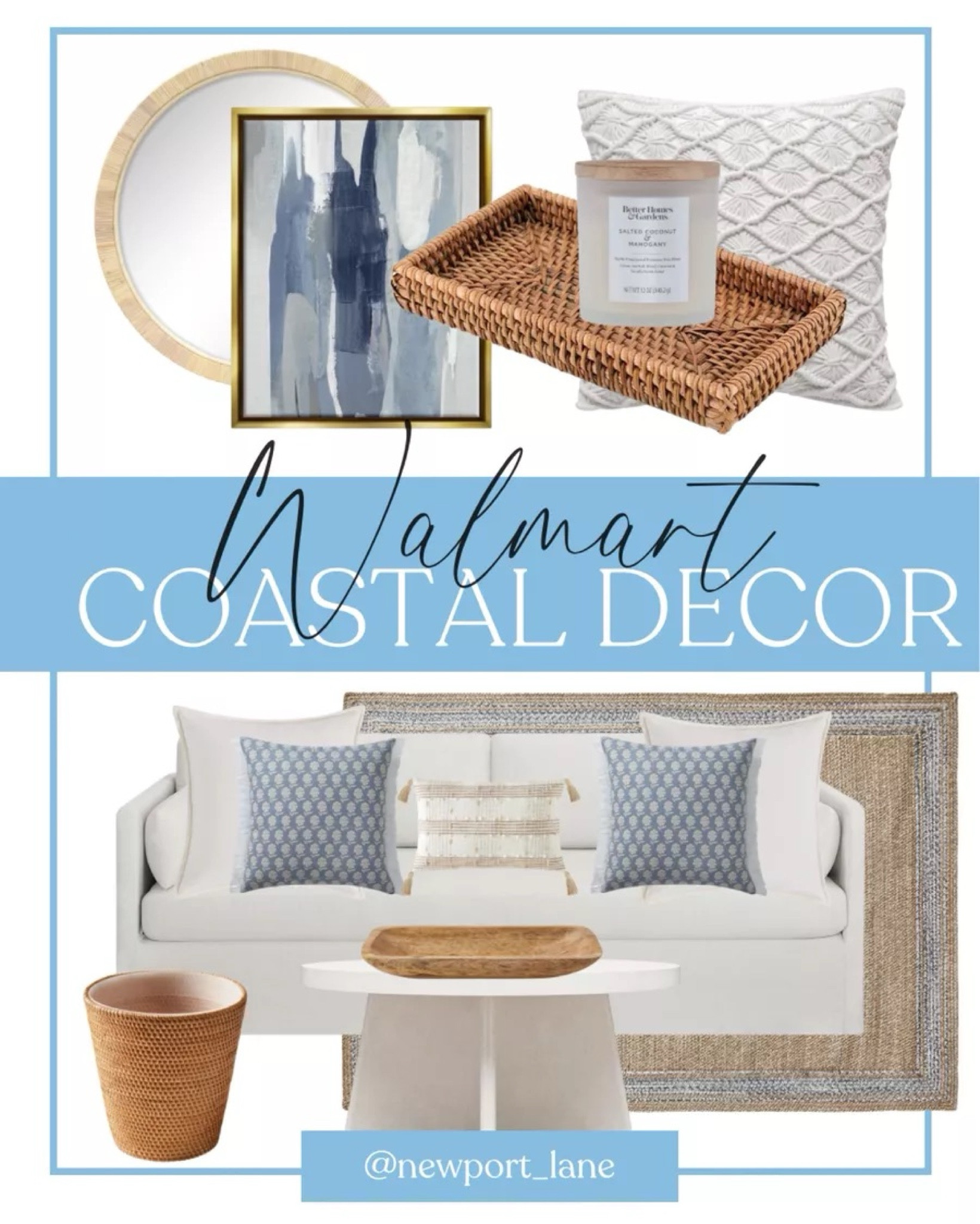 Walmart coastal home decor roundup! This roundup includes this white couch, blue throw pillows, white throw pillows, rattan wastebasket, rattan tray, wooden bowl, round coffee table, blue abstract art, round mirror, candle, and area rug.
8/1

#LTKFindsUnder100 #LTKStyleTip #LTKHome