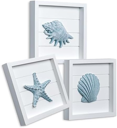 TideAndTales Blue Seashells and Starfish (Framed Set of 3) Coastal 3D Wall Art, Beach Wall Decor ... | Amazon (US)