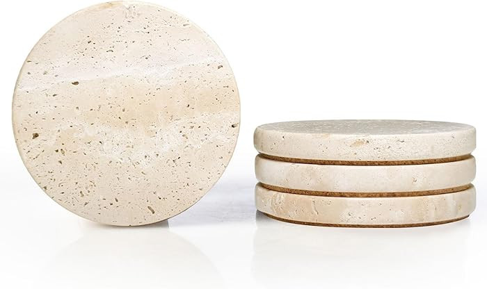 Real Natural Travertine Coasters Set of 4, Round Beige Marble Stone 4 inch, Modern Drink Coasters... | Amazon (US)