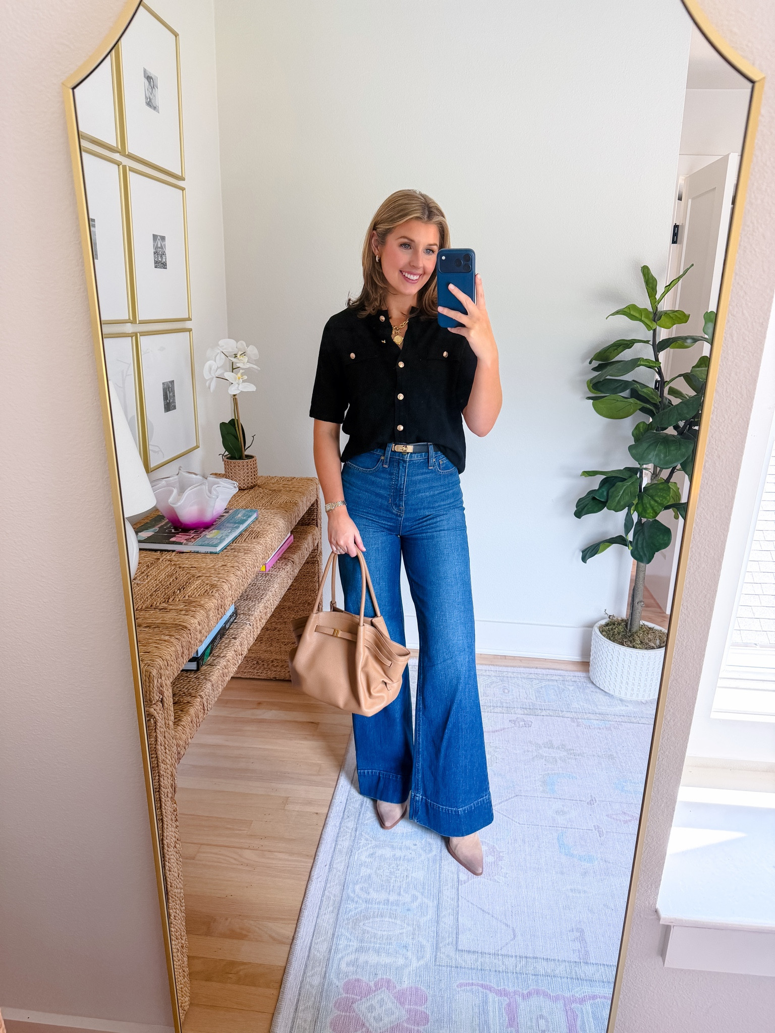 Casual fall outfit idea! Perfect for the office :) wearing a S in sweater and 25 in jeans 