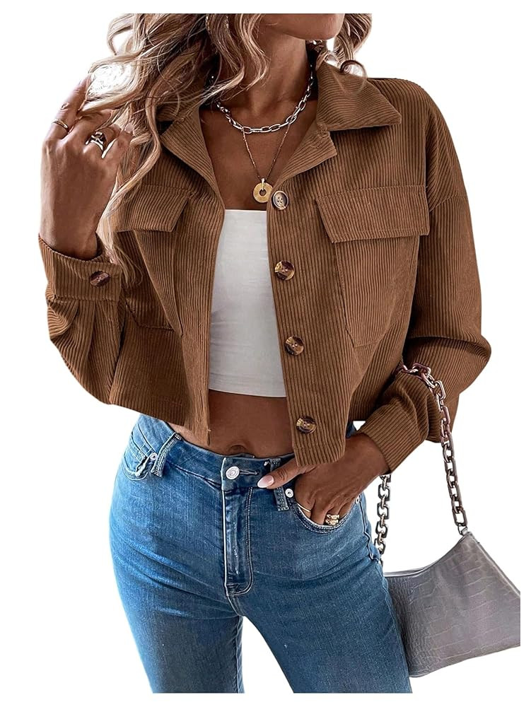 WDIRARA Women's Button Down Corduroy Cropped Jacket Lightweight Long Sleeve Shacket Jacket | Amazon (US)