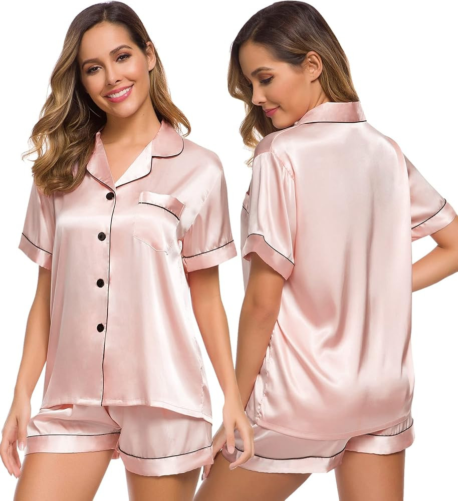 SWOMOG Womens Silk Satin Pajamas Set Two-piece Pj Sets Sleepwear Loungewear Button-Down Pj Sets | Amazon (US)