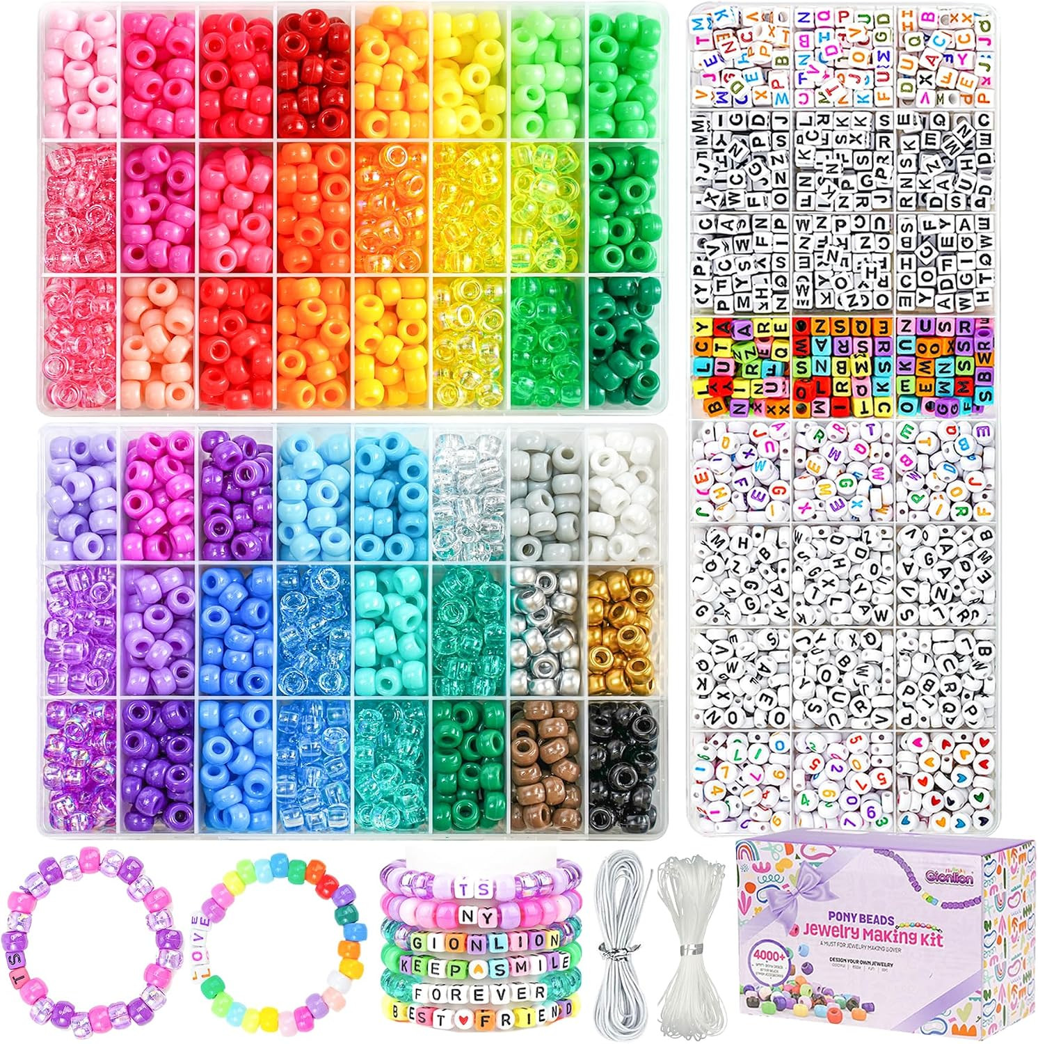 Gionlion 4200Pcs Pony Beads for Bracelet Making Kit, 48 Colors Kandi Beads Bracelet Kit, 2500PCS Rainbow Candy, 1700PCS Friendship Letter Bead with 20 Meter Elastic Strings | Amazon (US)