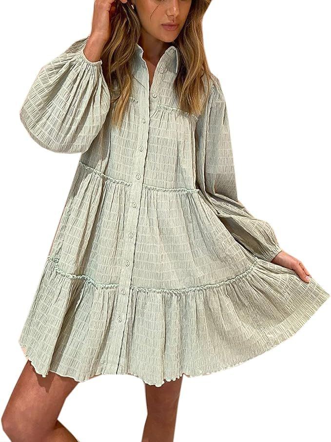 Roiii Women's Casual Long Sleeve Dress Sundress Swing Dress Tunic Dress Button Down Loose Flowy S... | Amazon (US)