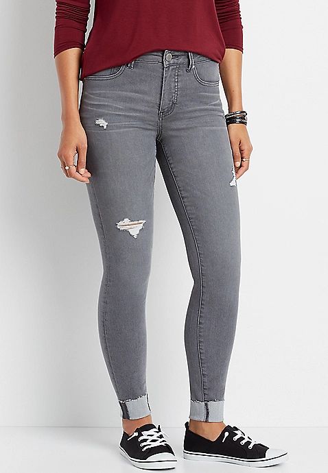 Everflex™ High Rise Gray Destructed Super Skinny Jean | Maurices