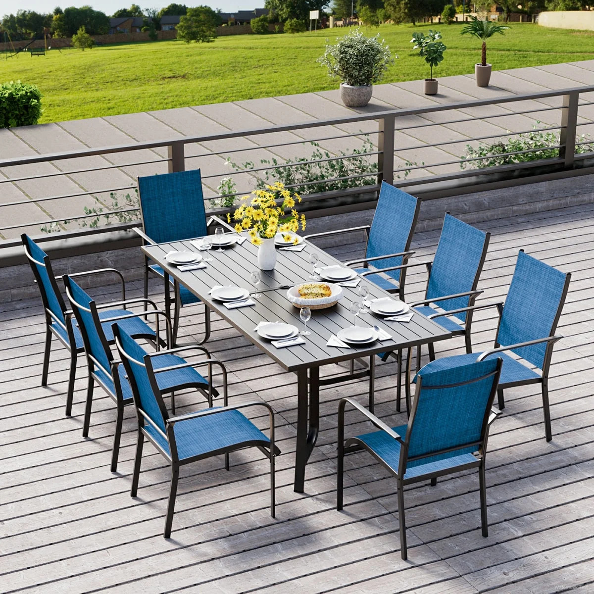 8-Person Outdoor Dining Set with 8 Textilene Chairs & Iron Table (Adjustable Umbrella Hole), All-... | Walmart (US)