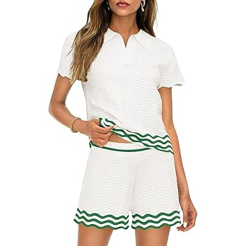 Saodimallsu Womens Sweater Sets 2 Piece Outfits Short Sleeve Polo V Neck Knit Tops Waves Shorts M... | Amazon (US)