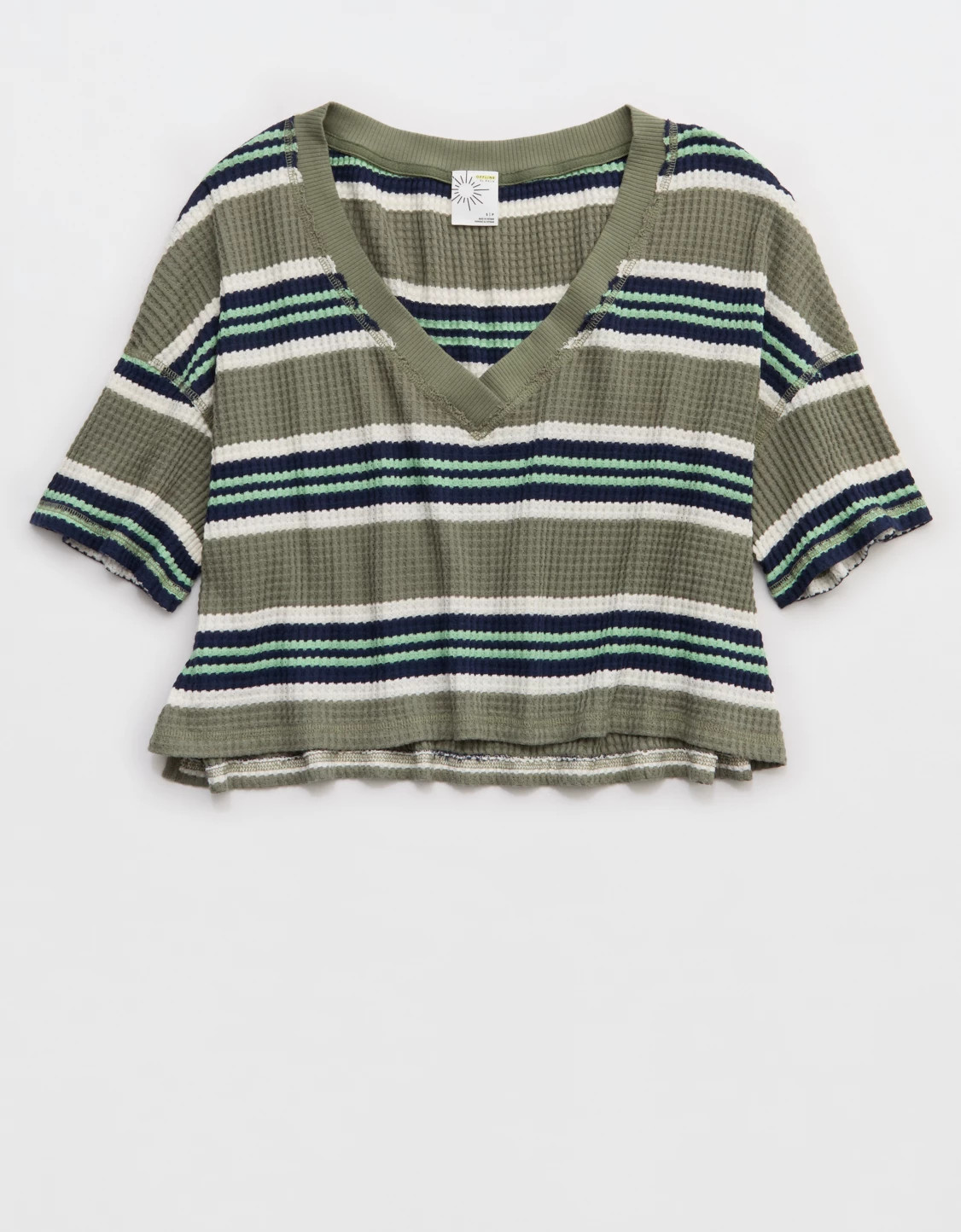 OFFLINE By Aerie Wow! Waffle V Neck Cropped Relaxed Short Sleeve T-Shirt | Aerie