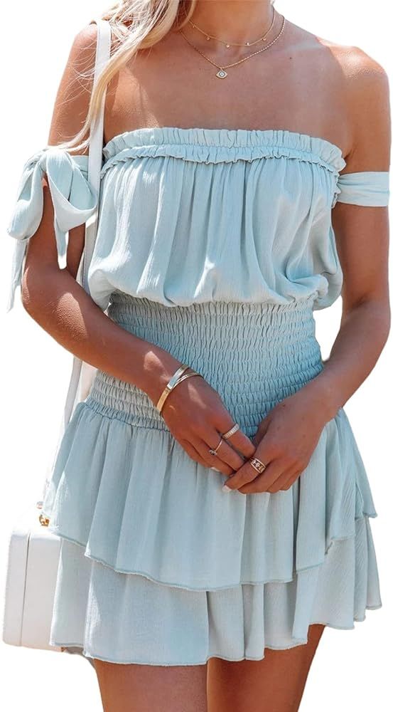 Halfword Off Shoulder Strapless Mini Dress for Women Smocked Summer Ruffle Hem Chiffon Night Out Sho | Amazon (US)