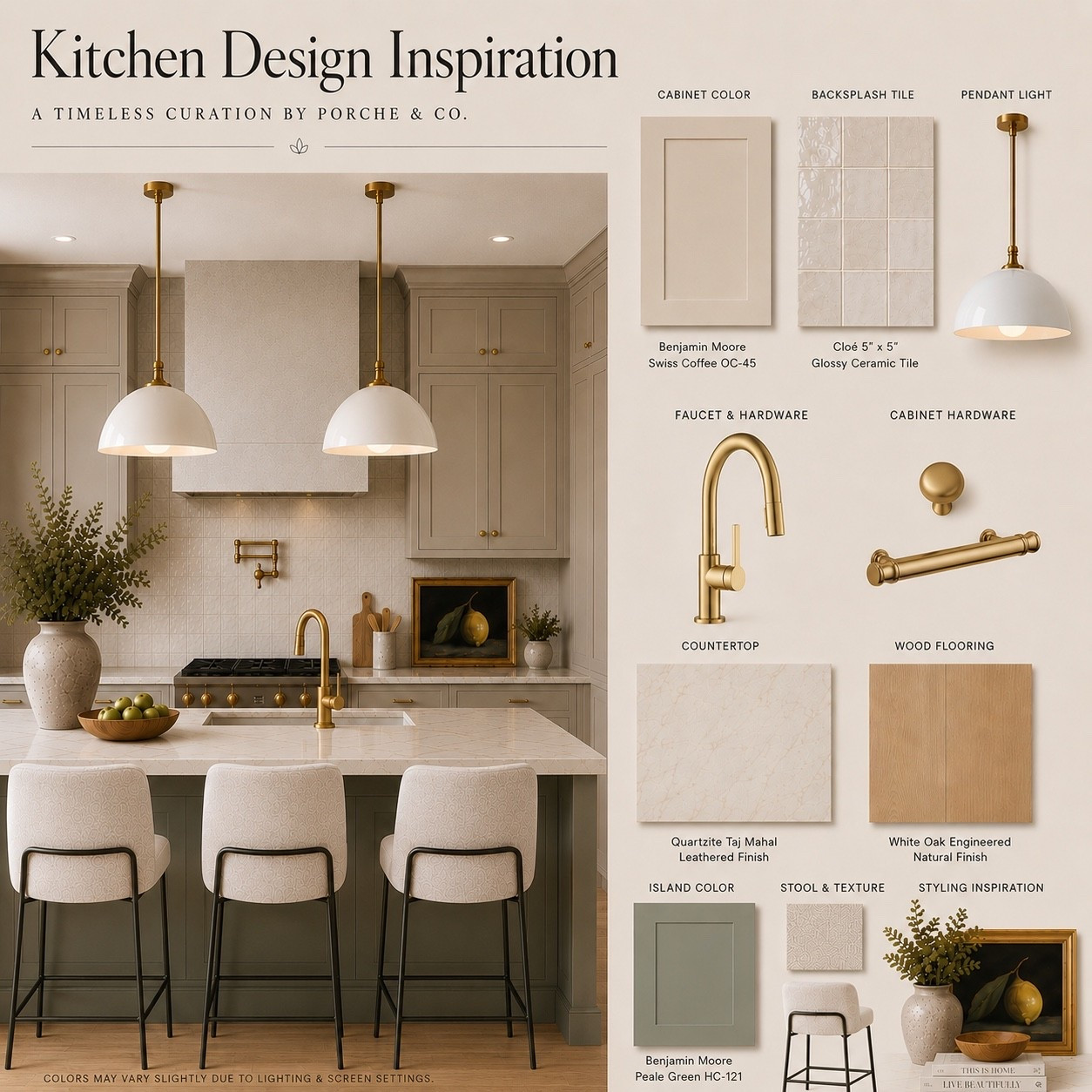 Soft taupe cabinetry, warm brass accents, and timeless natural materials come together in this elegant kitchen design. ✨

This kitchen features creamy painted cabinetry, a muted green island, handcrafted ceramic tile, Taj Mahal quartzite countertops, white oak flooring, and layered brass details for a warm and inviting modern transitional aesthetic.

Featured finishes:
• Benjamin Moore Swiss Coffee OC-45 cabinetry
• Benjamin Moore Peale Green HC-121 island
• Cloé 5” x 5” Glossy Ceramic Tile
• Taj Mahal Quartzite countertops
• White Oak engineered hardwood flooring
• Warm brass faucet & cabinet hardware
• White and brass pendant lighting
• Upholstered counter stools
• Modern traditional kitchen design
• Neutral kitchen inspiration

A beautiful balance of classic elegance, warmth, and everyday functionality. 🤍

#KitchenDesign #KitchenInspiration #SwissCoffee #BenjaminMooreSwissCoffee #PealeGreen #BenjaminMoorePealeGreen #NeutralKitchen #KitchenRemodel #KitchenRenovation #InteriorDesign #PorcheAndCo #ModernTraditional #TransitionalKitchen #TajMahalQuartzite #CloeTile #CeramicTile #BrassHardware #WhiteOakFloors #KitchenMoodBoard #LuxuryKitchen #CustomKitchen #KitchenDecor #HomeInspiration #DreamKitchen #TimelessDesign #ClassicKitchen #WarmNeutralHome #KitchenStyling

#LTKHome