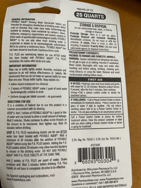 Potable Aqua Water Purification Tablets with PA Plus, Portable and Effective Water Purification S... | Amazon (US)