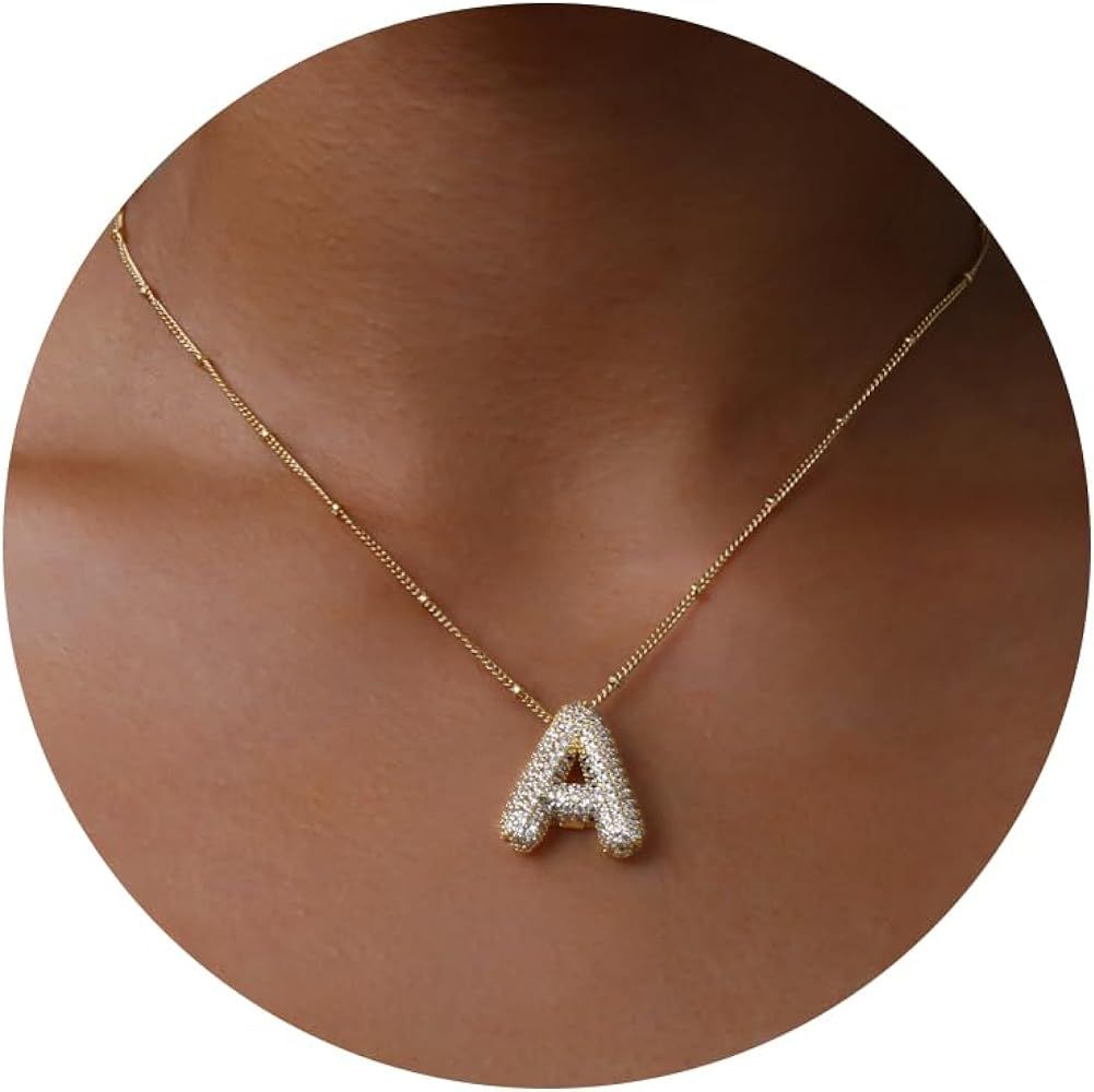 Apsvo Bubble Letter Necklace Gold, A-Z Balloon Initial Necklaces Rhinestone Puff Letter Pendant C... | Amazon (US)