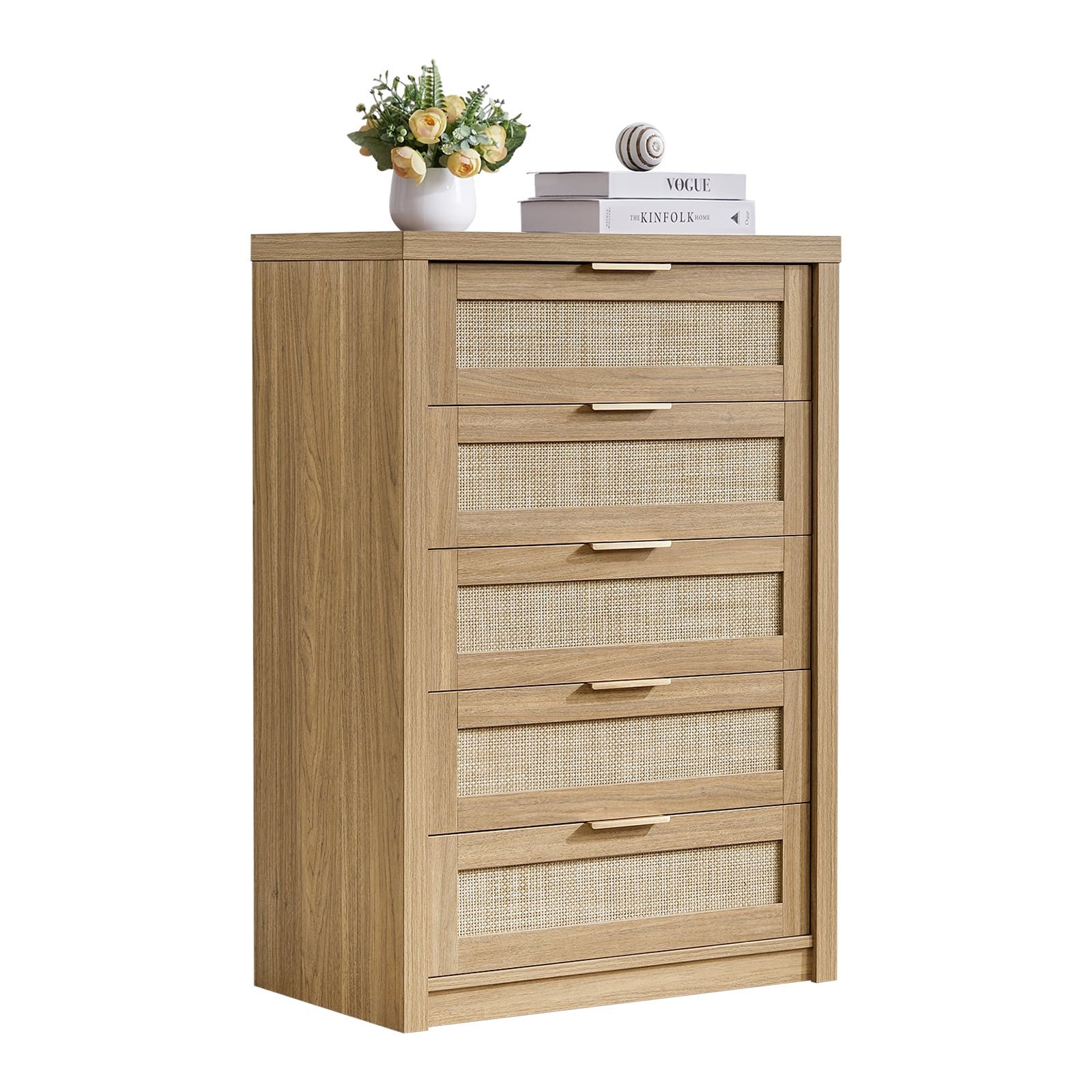 OAKHAM 5 Drawer Dresser, Rattan Wide Chest of Drawers for Bedroom Living Room, Weathered Oak | Walmart (US)