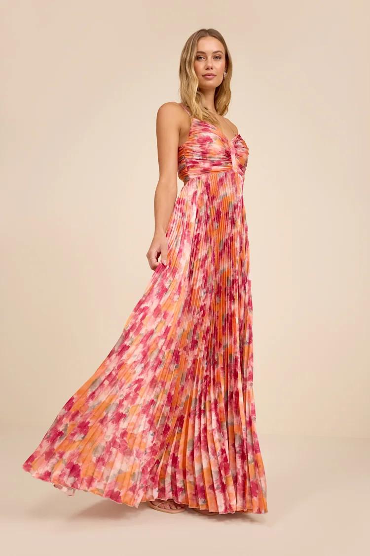Dreaming in Color Pink Abstract V-Neck Pleated Satin Maxi Dress | Lulus