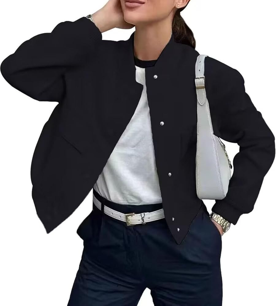 Bomber jacket Women Autumn Winter Cropped Jacket Black Brown Khaki Varsity Jacket Coat | Amazon (US)