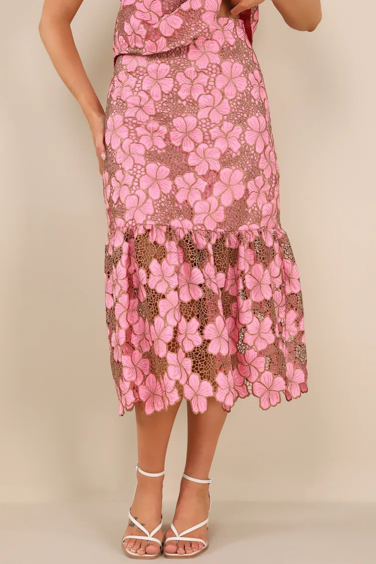 Quintessa Pink Floral Crochet Lace Tiered Midi Skirt | Lulus