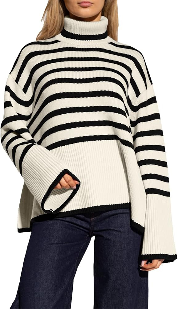 Women's Striped Turtleneck Sweater Long Sleeve Oversized Knitted Soft Pullover Sweaters Side Split | Amazon (US)