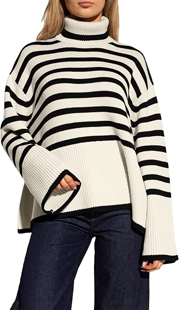Women's Striped Turtleneck Sweater Long Sleeve Oversized Knitted Soft Pullover Sweaters Side Split | Amazon (US)