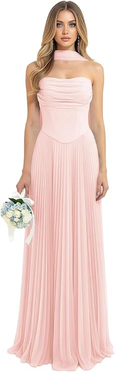 Tube Wedding Guest Maxi Dress 2026 Elegant Chiffon Going Out A Line Prom Cocktail Gown with Scarf... | Amazon (US)