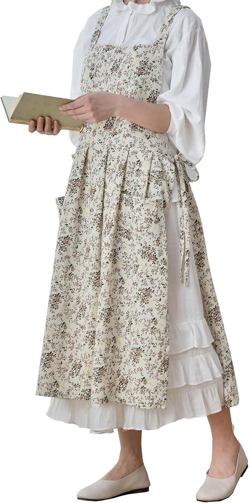 Japanese Cotton Linen Cross Back Work Apron for Women with Pockets Pinafore Dress Plus Size Smock | Amazon (US)