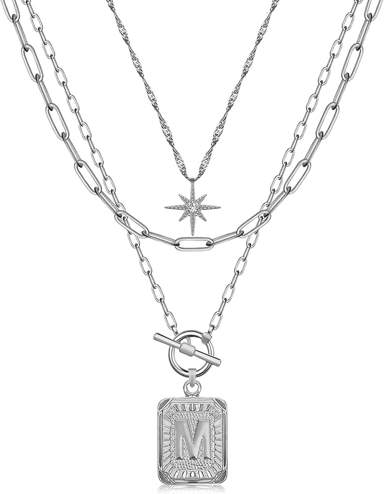 MJartoria Layered Initial Necklaces for Women Trendy, 14K Gold Plated Simple Star Choker Square L... | Amazon (US)