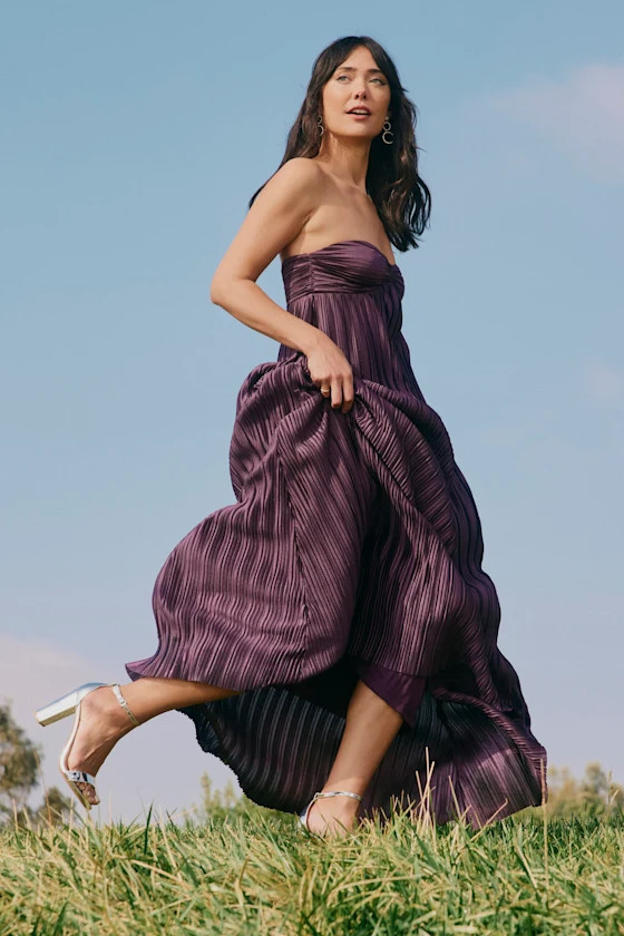 Whimsical Beauty Dark Purple Satin Plisse Strapless Maxi Dress | Lulus