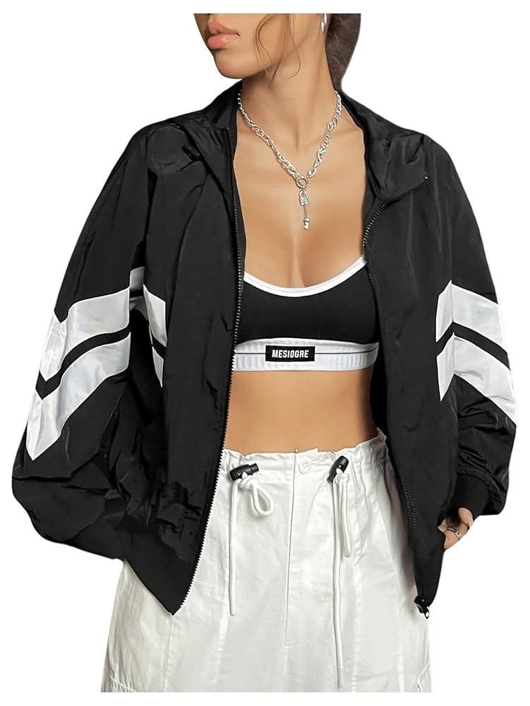 Verdusa Women's Color Block Zip Up Hooded Jacket Outerwear Loose Windbreaker Jackets | Amazon (US)