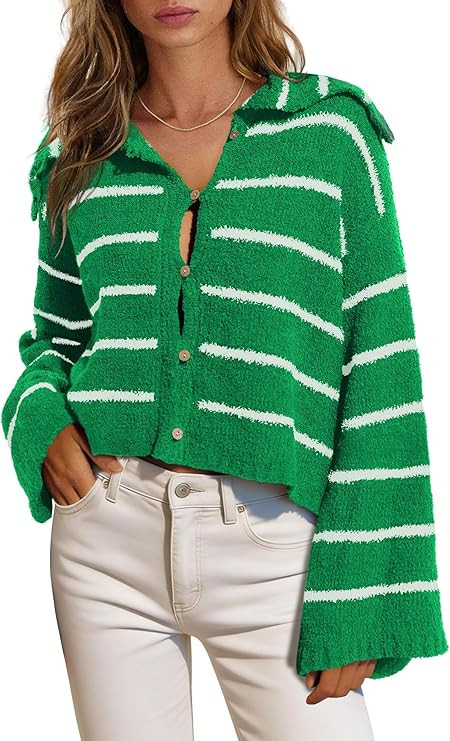 Panadila Womens Striped Sweater Collared Button Up Cardigans Long Sleeve Cropped Sweaters Oversiz... | Amazon (US)