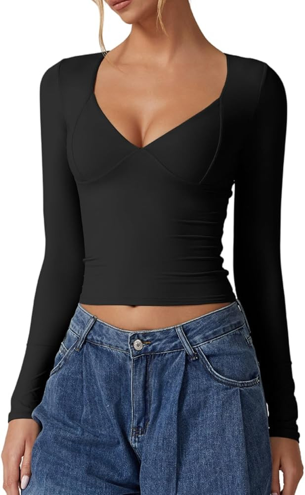 QINSEN Women's Long Sleeve V Neck T Shirts Double Lined Crop Top Seamed Cup Going Out Tops | Amazon (US)