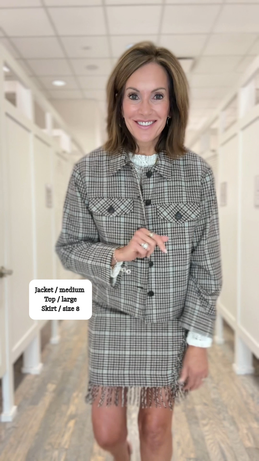 Jacket / medium 
Top / large 
Skirt / 8

Plaid 
Fringe 
Fall style

#LTKMidsize #LTKSaleAlert #LTKWorkwear