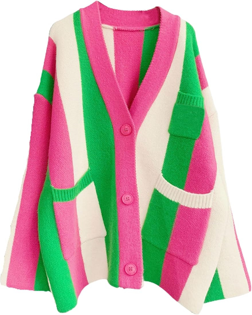 Womens Loose Long Sleeve Rainbow Striped Cardigans Sweater Boho Color Block Chunky Knitted Tops | Amazon (US)
