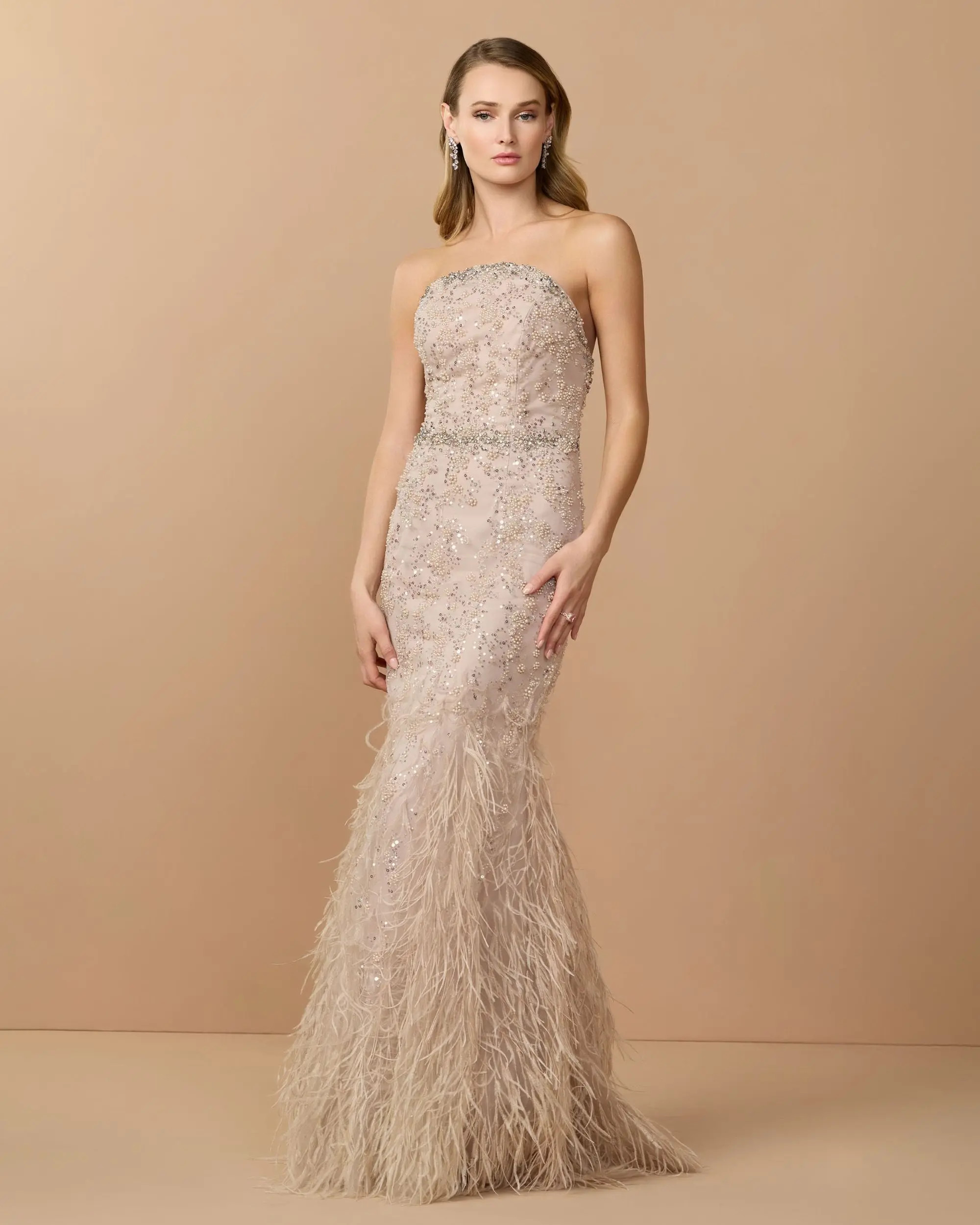 Beige Strapless Embellished Trumpet Gown With Feather Hem | Mac Duggal | Mac Duggal