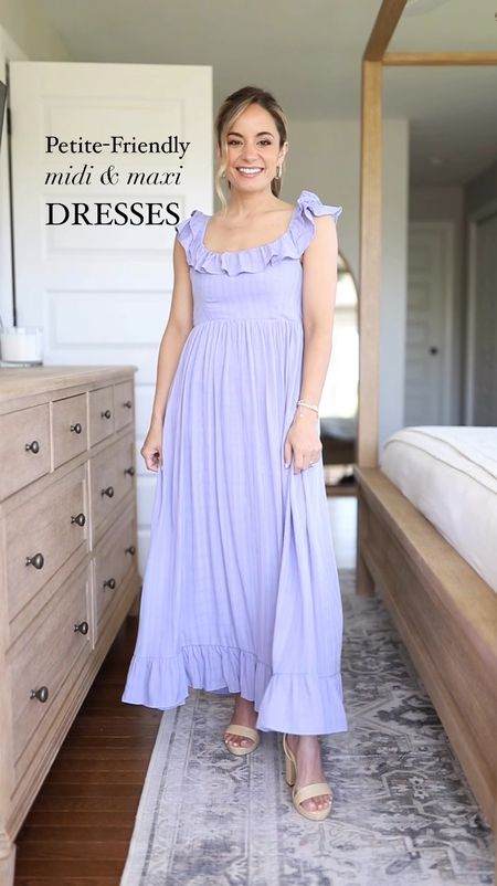 Petite friendly midi and maxi dresses 

Lilac dress: small 
Gray dress: petite xs (color is gray matter) 
One shoulder blue and white dress: petite xxs 
Navy blue maxi dress: small 

Heels are tts but low in stock 
Gold sandals are tts 

#LTKStyleTip #LTKSeasonal