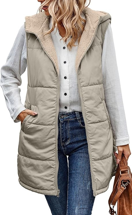 ECOWISH Women Long Puffer Vest: Fall Zip up Reversible Fleece Jacket 2024 Winter Warm Sleeveless ... | Amazon (US)