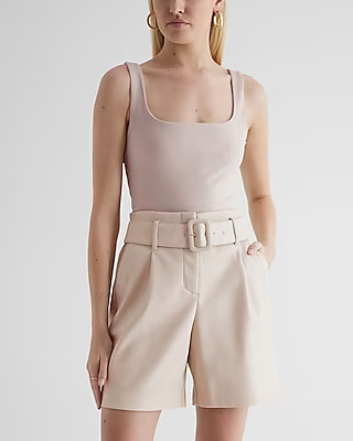 Super High Waisted Faux Leather Belted Bermuda Shorts | Express