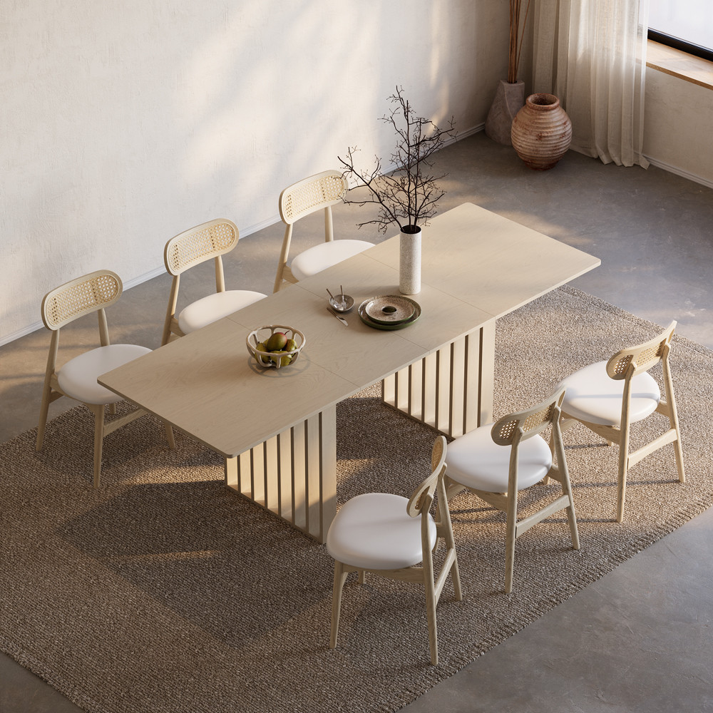 Dining Table Set 55""-87"" Rectangle Extendable Whitewash Dining Table & 6 Wood Rattan Dining Chairs | Homary