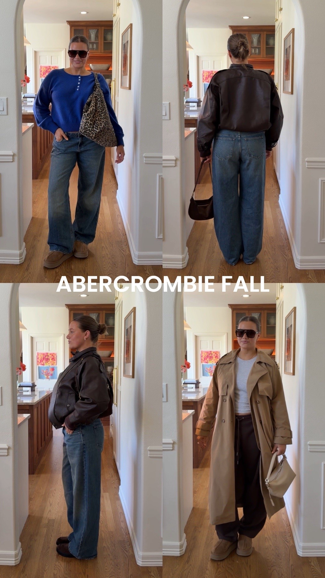Abercrombie fall new arrivals! Loving the lower rise of my favorite 90’s style jeans I wear size 30 for a slouchy loose fit, brown sweater Large, blue sweater runs oversized I did a Medium. Both are soft and a wool blend. Large in the trench for a nice oversized fit but love that you can cinch it - so flattering!
