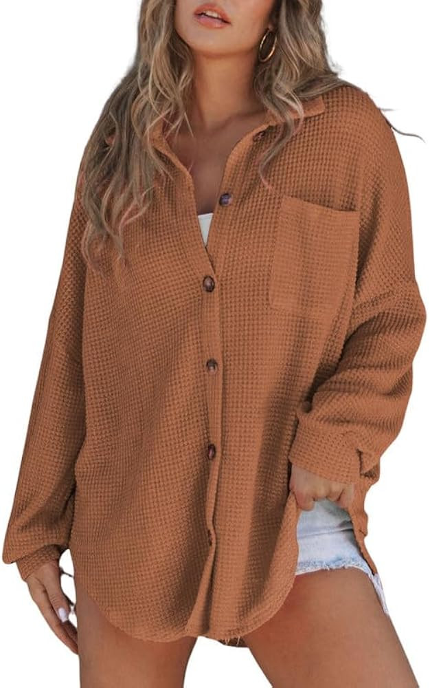 SHEWIN Women's Waffle Knit Button Down Shirts Casual Long Sleeve Shacket Jacket Boyfriend Tops Bl... | Amazon (US)