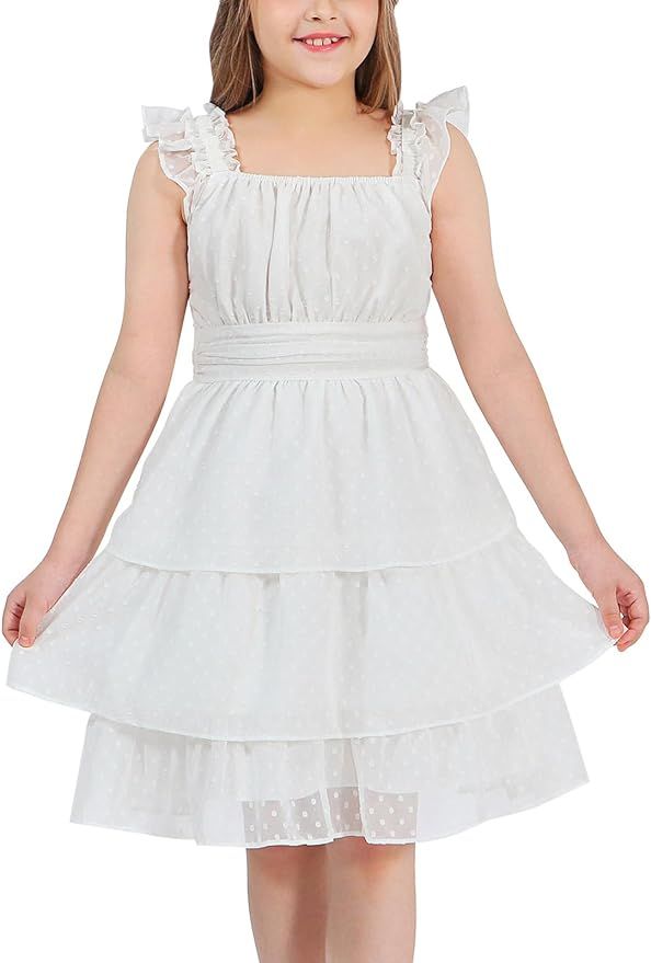 Byinns Girls Kids 2024 Summer Dresses Square Neck Ruffle Sleeve Swiss Dot Dress Pleated A Line Sw... | Amazon (US)