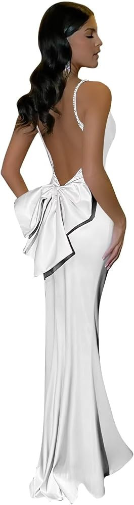 Mermaid Satin Prom Dress Sparkly Long Spaghetti Straps Bow Backless Evening Party Dress | Amazon (US)
