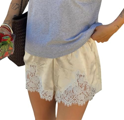 Women Y2k Lace Trim Silk Shorts Low Rise Satin Half Slip Mini Shorts Cute Coquette Micro Pettipants Pj Bottoms (Champagne #A, M) | Amazon (US)