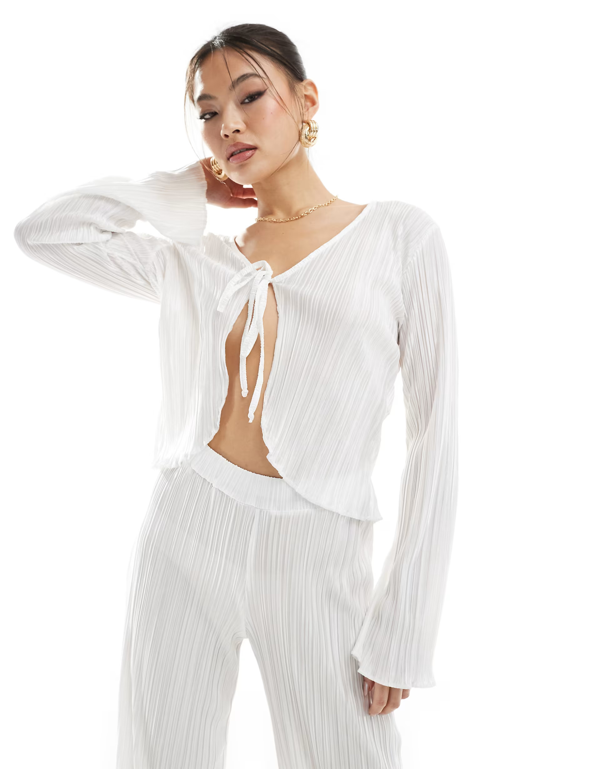 Missyempire exclusive semi sheer plisse tie front top and wide leg trouser co-or | ASOS (Global)