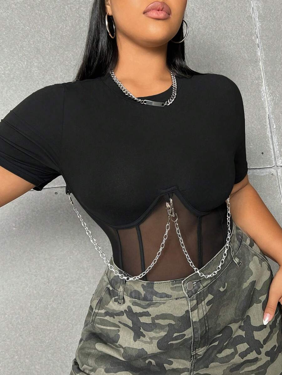 Flirla Plus Size Women's Mesh Splice Short Sleeve T-Shirt | SHEIN