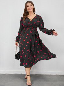 Plus Heart Print Flounce Sleeve Belted Dress | SHEIN