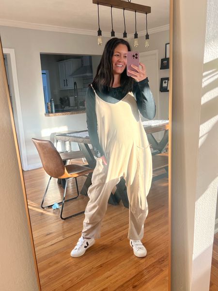 Free people one shot onsie. Maternity style. Bump friendly fashion. Jumpsuit. Spring outfit. Veja sneakers. 

#LTKbump #LTKFind #LTKunder100