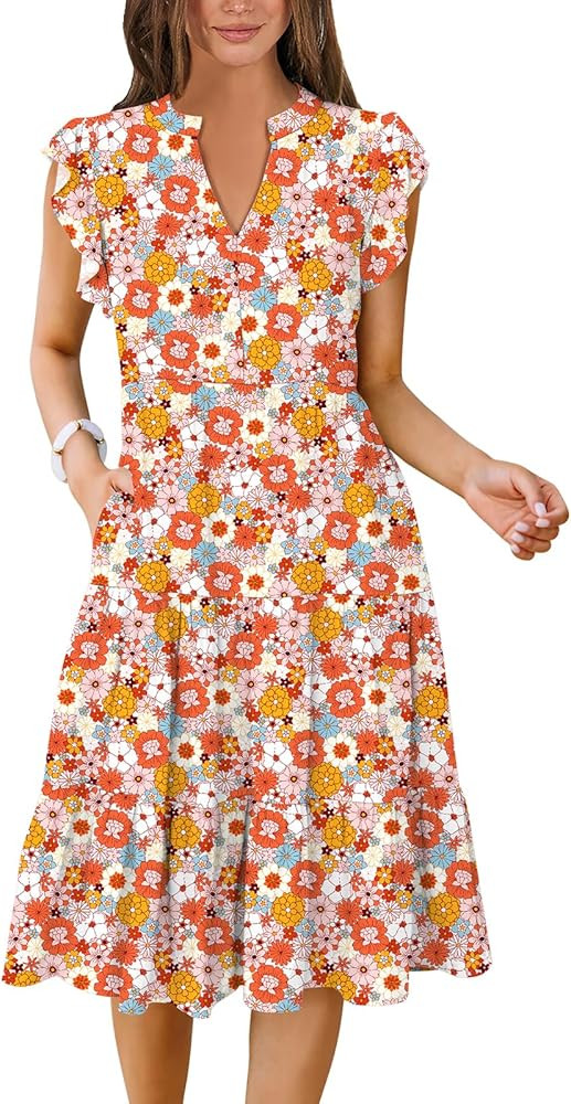 ANRABESS Womens Summer Ruffle Sleeve V Neck Midi Dress 2024 Fashion Casual Fit Flowy Tiered Boho ... | Amazon (US)